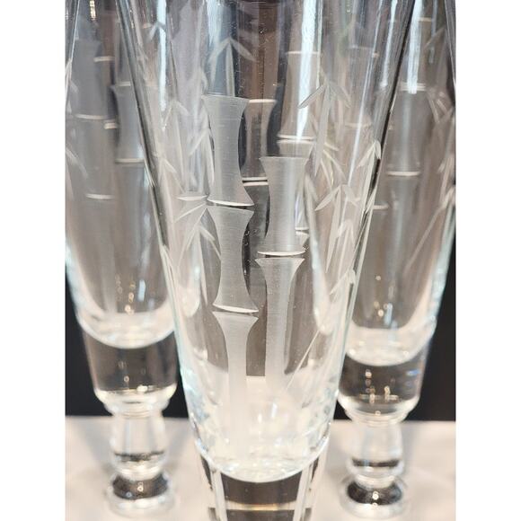 VTG Etched Bamboo Cut Crystal Glasses Set of 5 Tall‎ Pilsners Retro MCM Barware - Picture 3 of 12